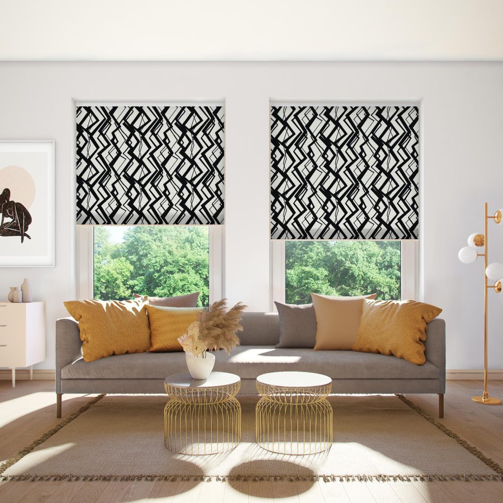 black and white roller blinds