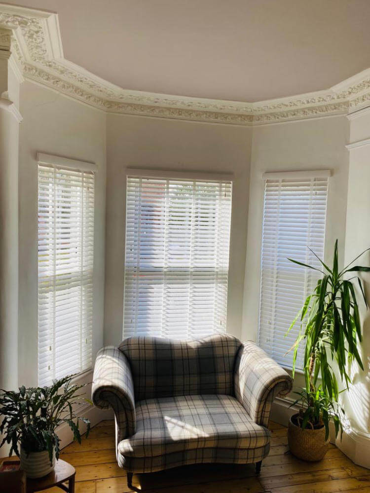 living room with white venetian blinds