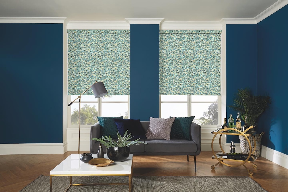 Patterned roller blinds in front room